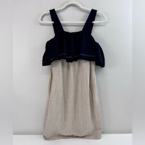 $650 TELA Cima Color Block Linen Shift Dress Black Tan with Pockets Size Medium